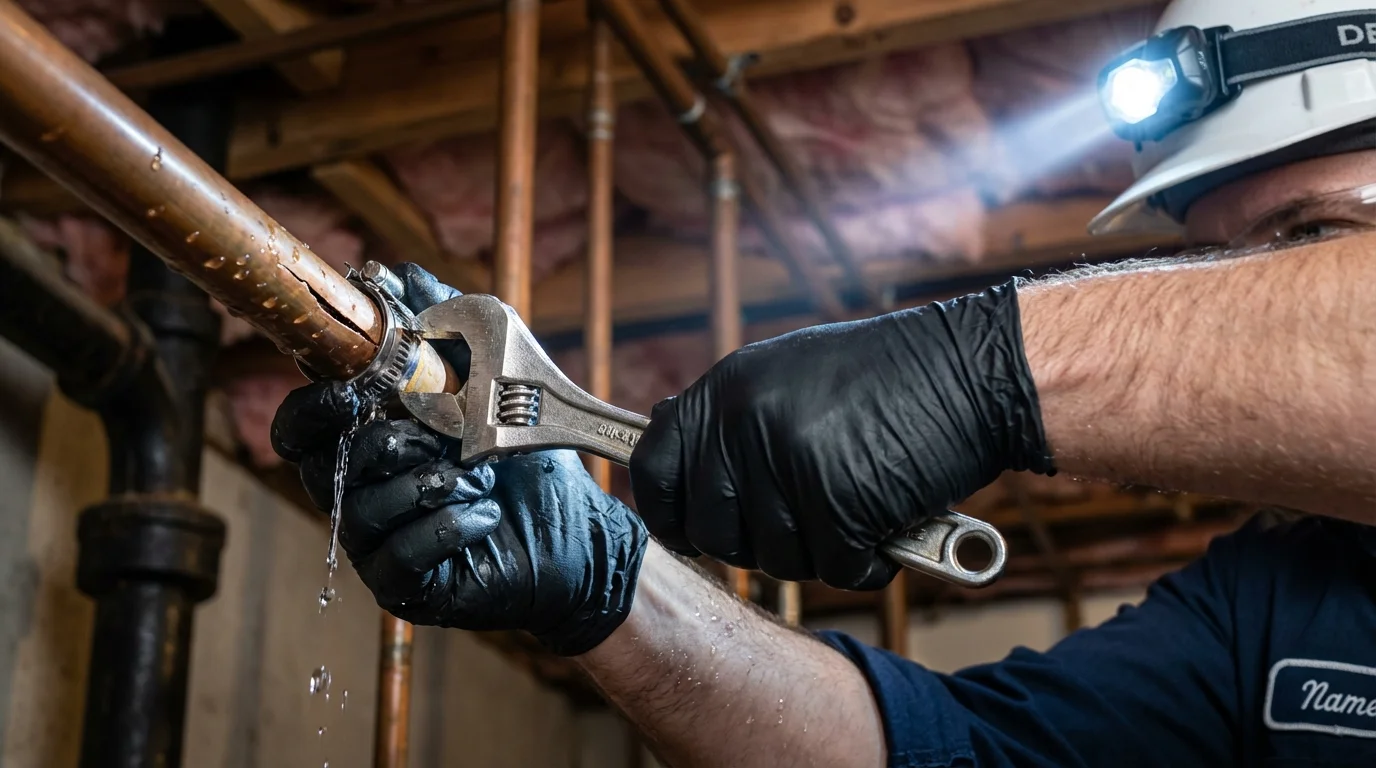 Emergency pipe clamp repair being performed by a Johns Plumbing LLC plumber in Warrior